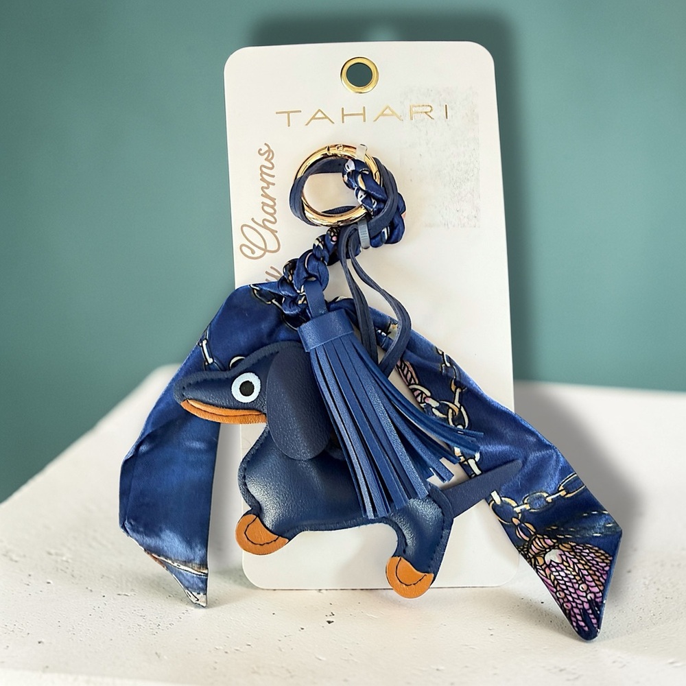 Tahari Navy Braided Scarf key charms bag purse fob clip Gold Hardware